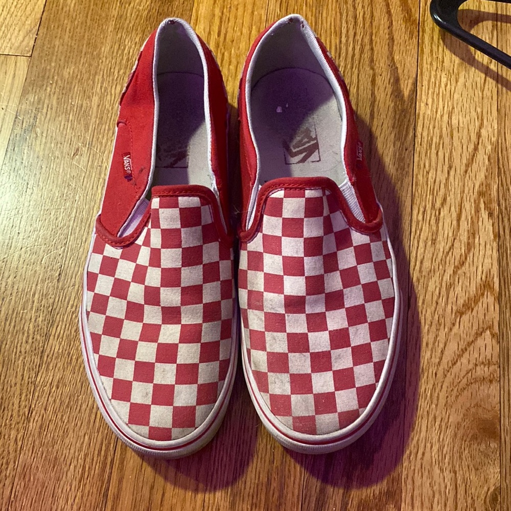 Red checkered slip one vans